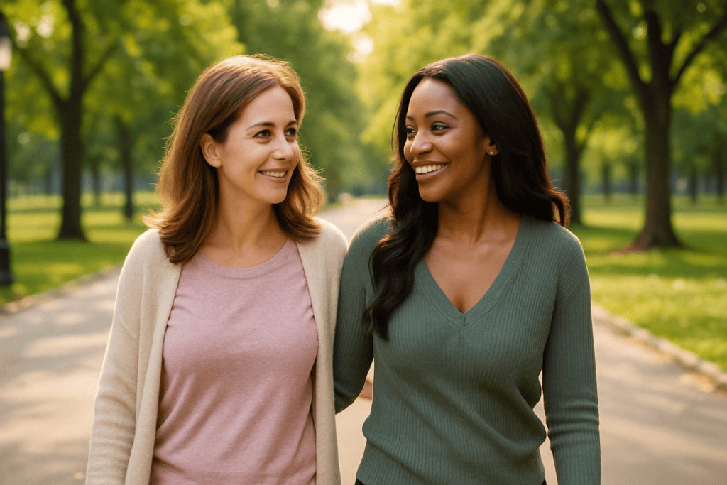 Two women walking side by side through a sunny park, offering each other support during breast cancer recovery.