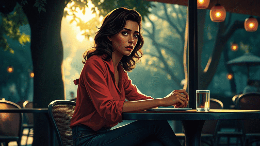 Olivia Reed talks with a friend at a café about breast cancer medications and treatment options.