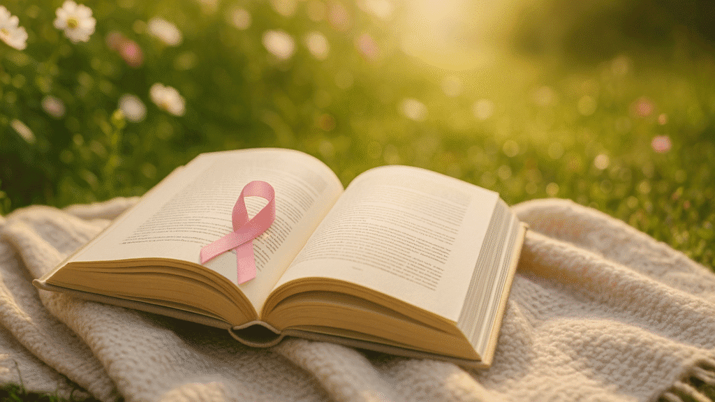 Open book with pink ribbon bookmark on blanket in sunlit garden