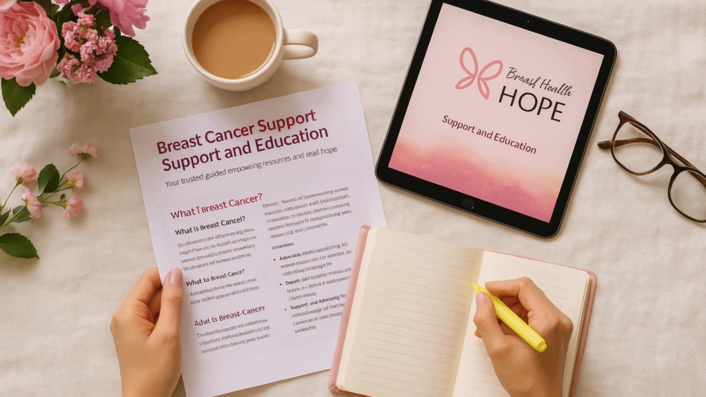 Woman’s hands with breast cancer resources, tea, and flowers