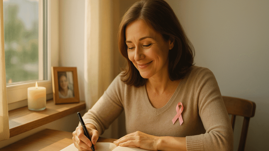 Woman journaling at sunny window with pink ribbon pin