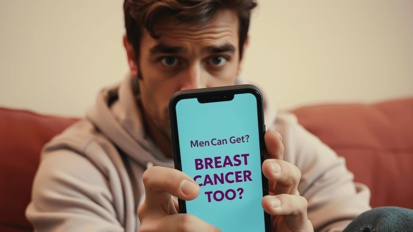 Surprised Man Reading About Male Breast Cancer A 40-year-old man looking at his phone with a surprised expression, reading an article about breast cancer for men.